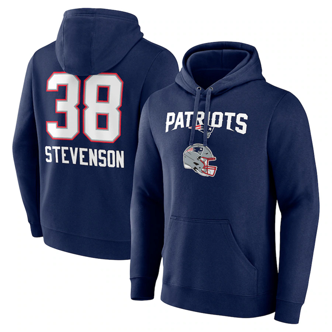 Men's New England Patriots #38 Rhamondre Stevenson Navy Team Wordmark Player Name & Number Pullover Hoodie